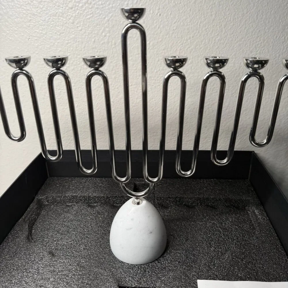 ANNA New York Coluna Silver & Carrara Marble Menorah Modern Hanukkah Holder